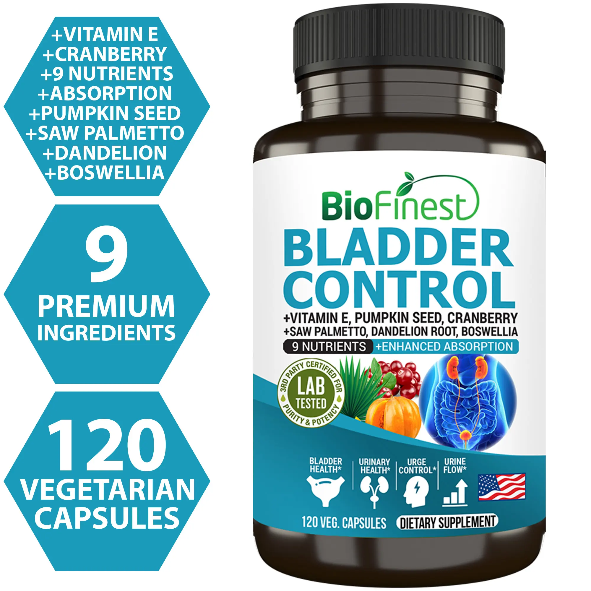 Biofinest Bladder Control Supplement – Saw Palmetto, Cranberry, Vitamin E for Healthy Urine Flow & Bladder Health (120 Veg. Capsules)