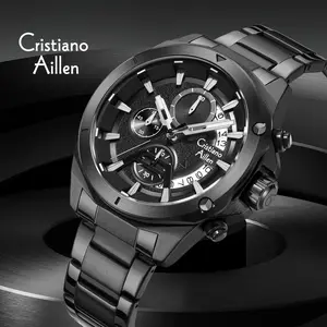 Cristiano Aillen Jam Tangan Pria Analog 8896 Rantai Stainless Steel Chronograph Kaca Sapphire Water Resistant 3 ATM Watches Waterproof Arloji