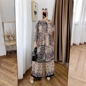 Laura by Nurii Setelan Rayon Diamond Baju Wanita Muslim Celana Katun Kulot Panjang Motif Atasan  dengan Saku Batik Sakura Crop Semi Dewasa