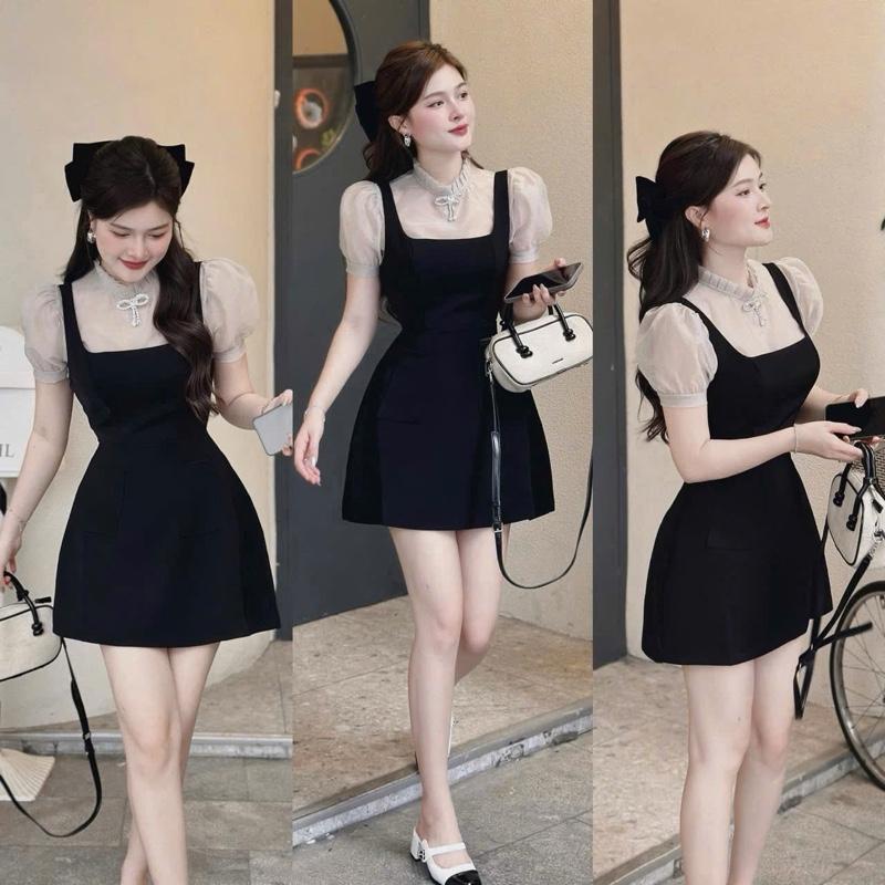 Mèo Mỡ Bigsize — Set đầm áo voan tay phồng phối yếm đen dáng A bigsize nữ 55-100kg tay ngắn