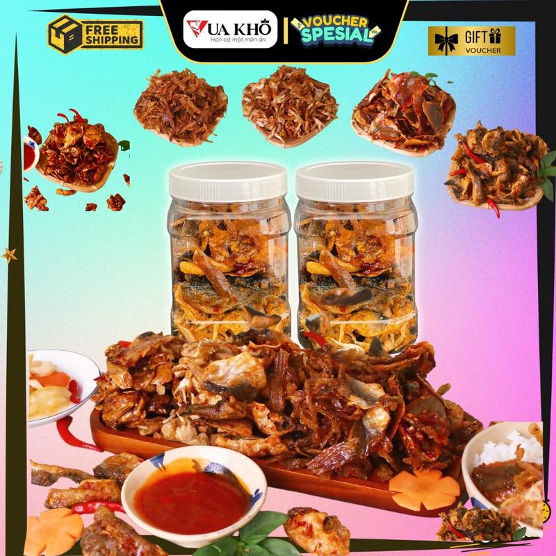 HẢI SẢN KHÔ MIX 5 vị 500g (02 hủ) Bao gồm: Mực rim me, ghẹ sữa, da cá tỏi ớt, mực xé tẩm vị, cá chỉ vàng rim. Vị măn ngọt vừa ăn (Hải sản có thể thay đổi theo mùa). Đồ ăn vặt, snack, cá khô, mực khô