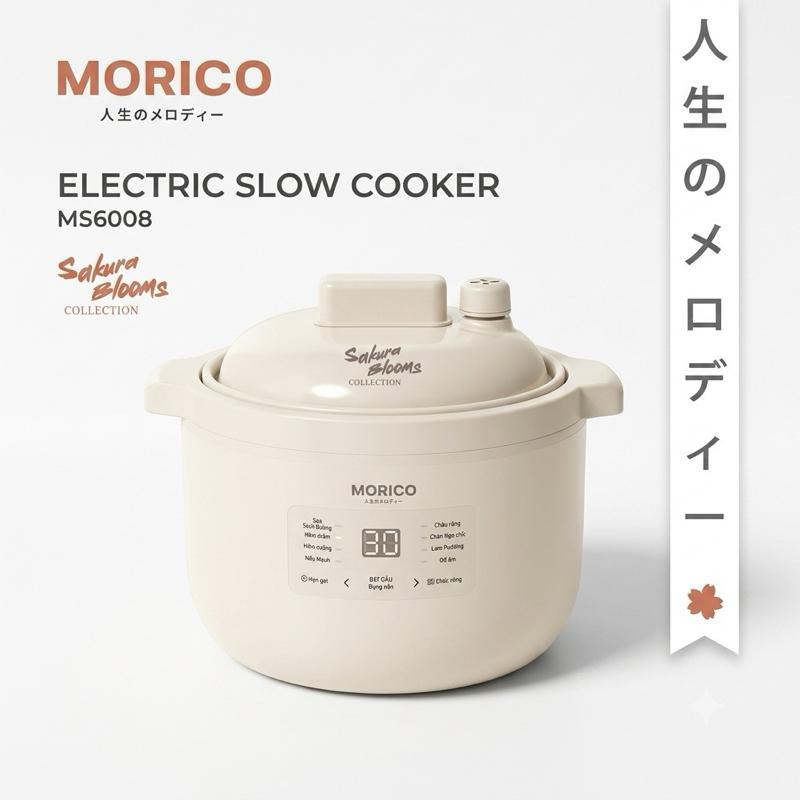 Nồi Nấu Chậm MORICO MS-6008 Giữ Ấm, Hẹn Giờ , 8 Chế Độ Tự Động, Lòng Gốm Ceramic Bảo Hành 12 Tháng