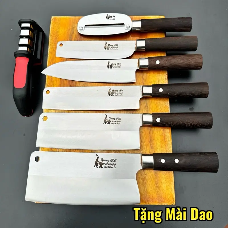 Bộ dao cán Mun nam phi  thép trắng  chống rỉ [mua 6 Dao Tặng 01 dụng cụ mài dao ]