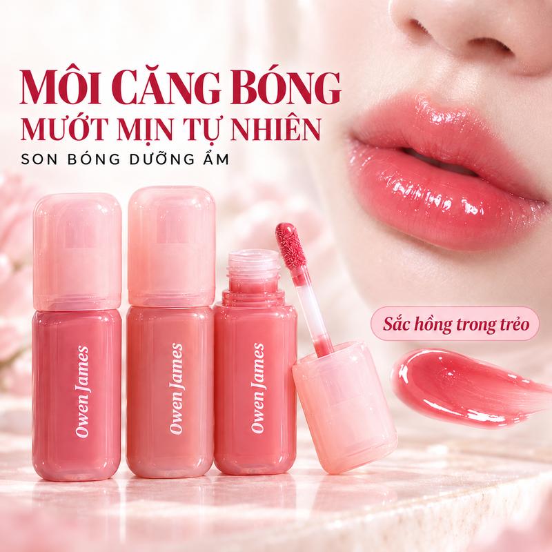 Son nước bóng môi Owen James dưỡng ẩm sâu, không làm khô môi sau khi tô, màu hồng tự nhiên trẻ trung, lớp bóng mượt căng mọng môi, hot trend TikTok