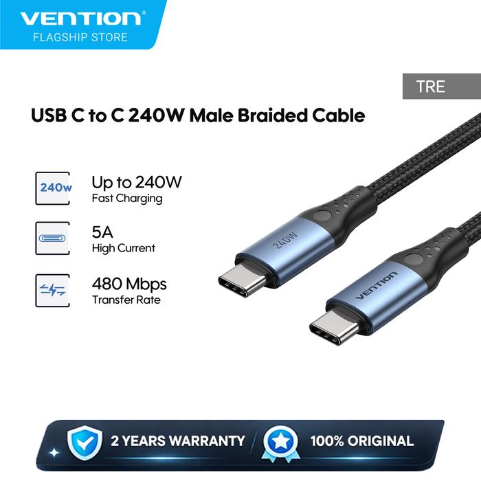 Gambar Vention Kabel USB 2.0 Type C to C 5A PD 3.1 240W Fast Charging 480Mbps Data Cable 1M 2M - TRE - BLACK, 1M dari Vention Flagship Kota Administrasi Jakarta Utara Tokopedia