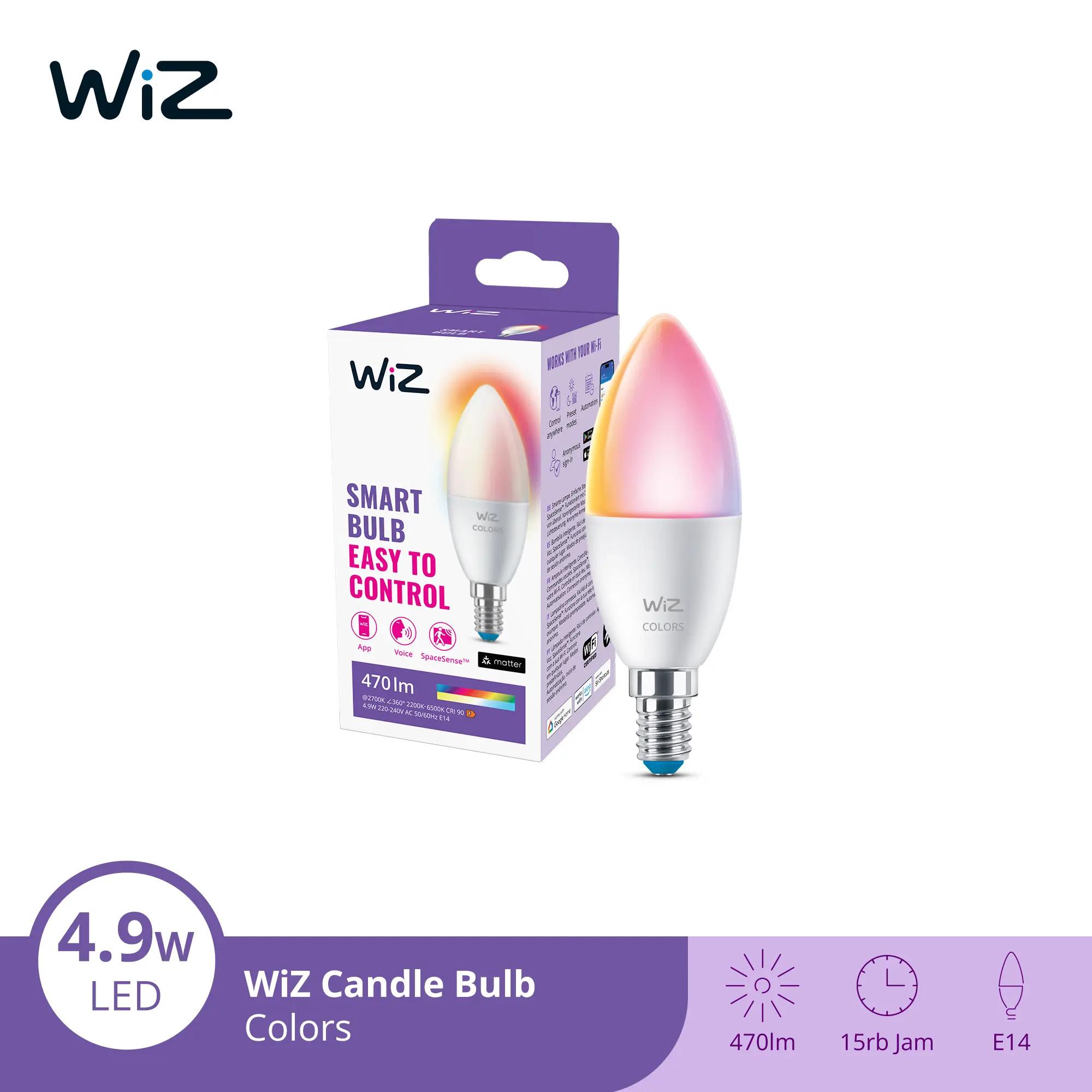 WiZ Lampu Smart WiFi Candle Bulb LED 4.9W E14 - Tunable Color Warna