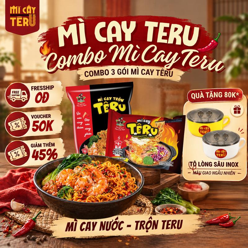 Tặng 1 Tô Inox Giữ Nhiệt Nhẹ Combo 3 Gói Mì Cay Teru Tặng 3 Gói Ớt độ
