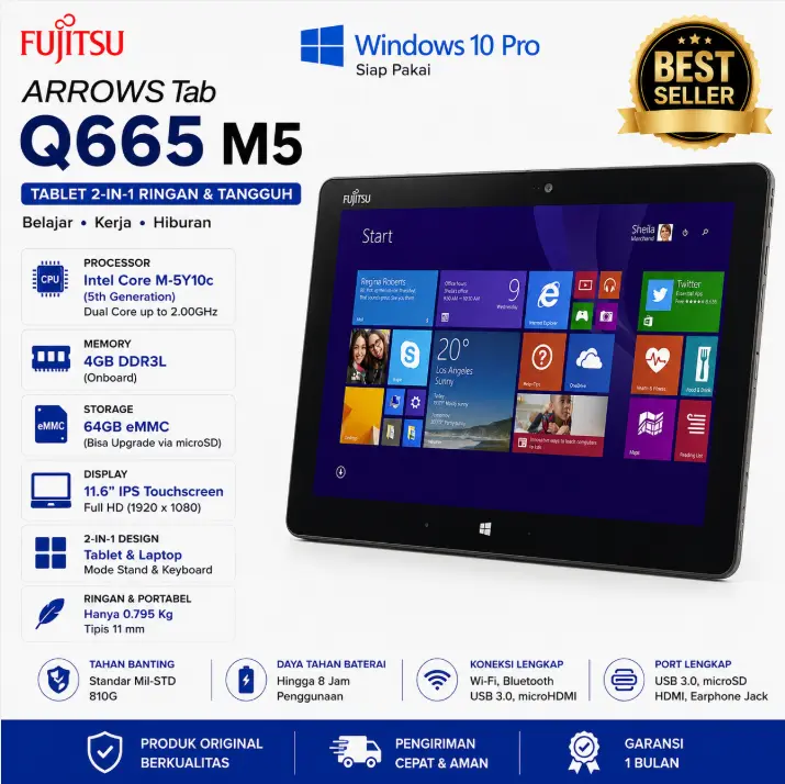 [Pre-owned] Fujitsu Tablet Q665  RAM 4G SSD 64GB Windows OS Intel Core M5-7Y30 11.3" Full HD Laptop Bisnis Mulus 90% Siap Pakai Gratis Mouse & Tas