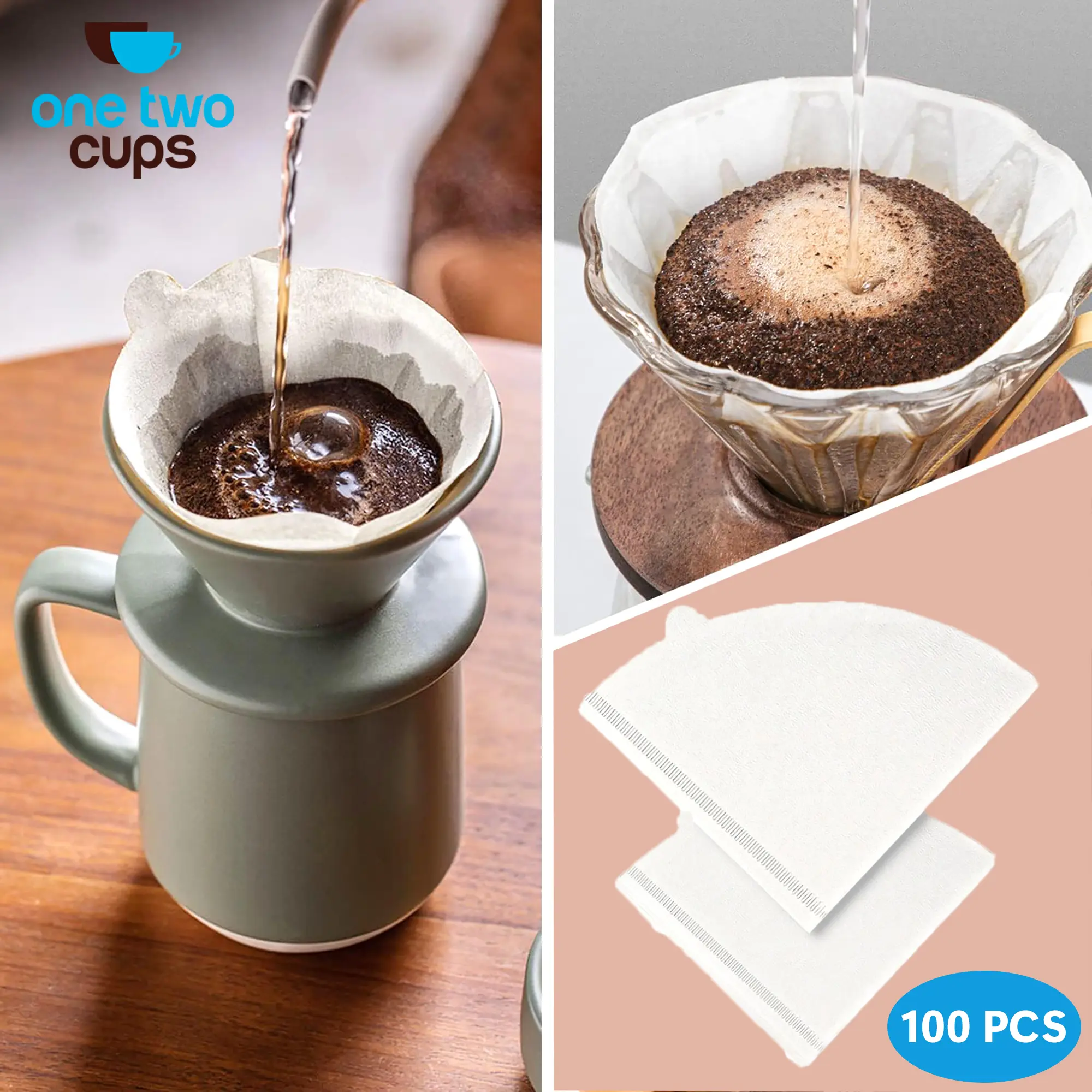 One Two Cups 100pcs Kertas Saringan Kopi Filter Paper Praktis Tanpa Ampas V60 1-2 Cups