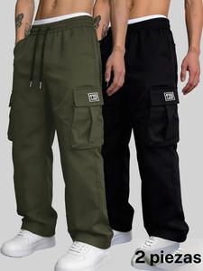 Pantalones de trabajo para hombre holgados con múltiples bolsillos, cintura con cordón y pierna ancha; pantalones largos casuales para actividades al aire libre y uso diario, cómodos y estilosos.