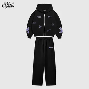 Westcapitals - Satu Set Double Zipper Boxy Hoodie + Baggy Sweatpants RESULTS CREW Fleece 280 Gsm Size S M L XL