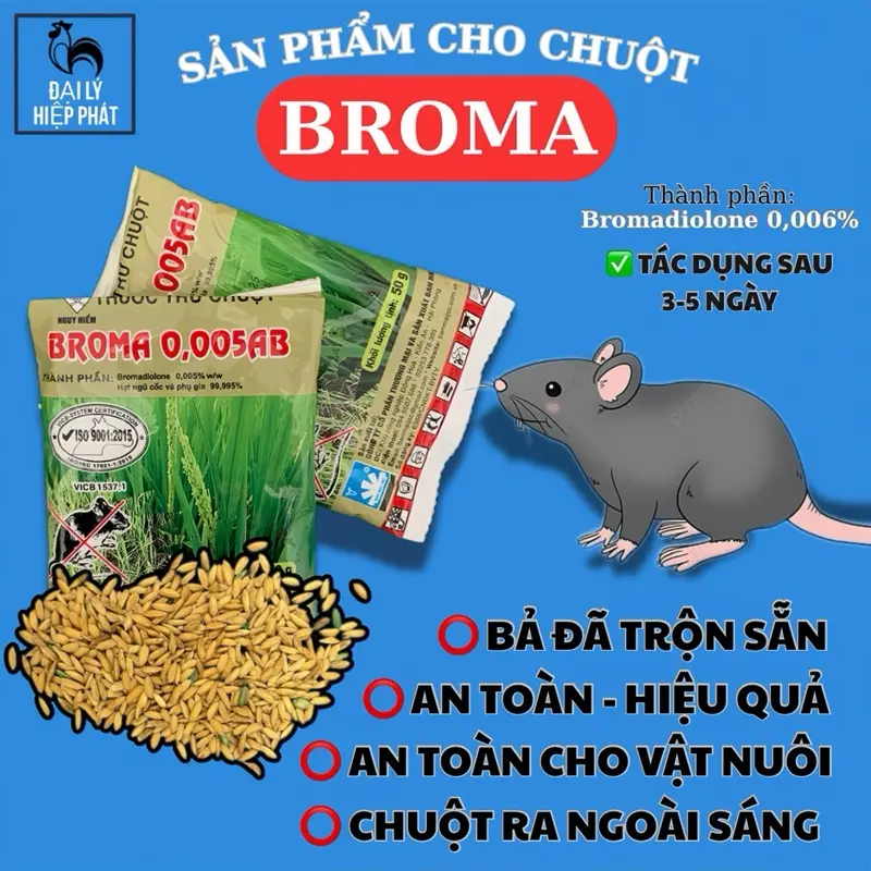 BROMA - Sản phẩm BROMA 0,005AB làm từ thóc và ngũ cốc, làm chuột đi ngủ sau 3-5 ngày, không cắn phá được nữa, đã được trộn sẵn, gói 50g dễ sử dụng