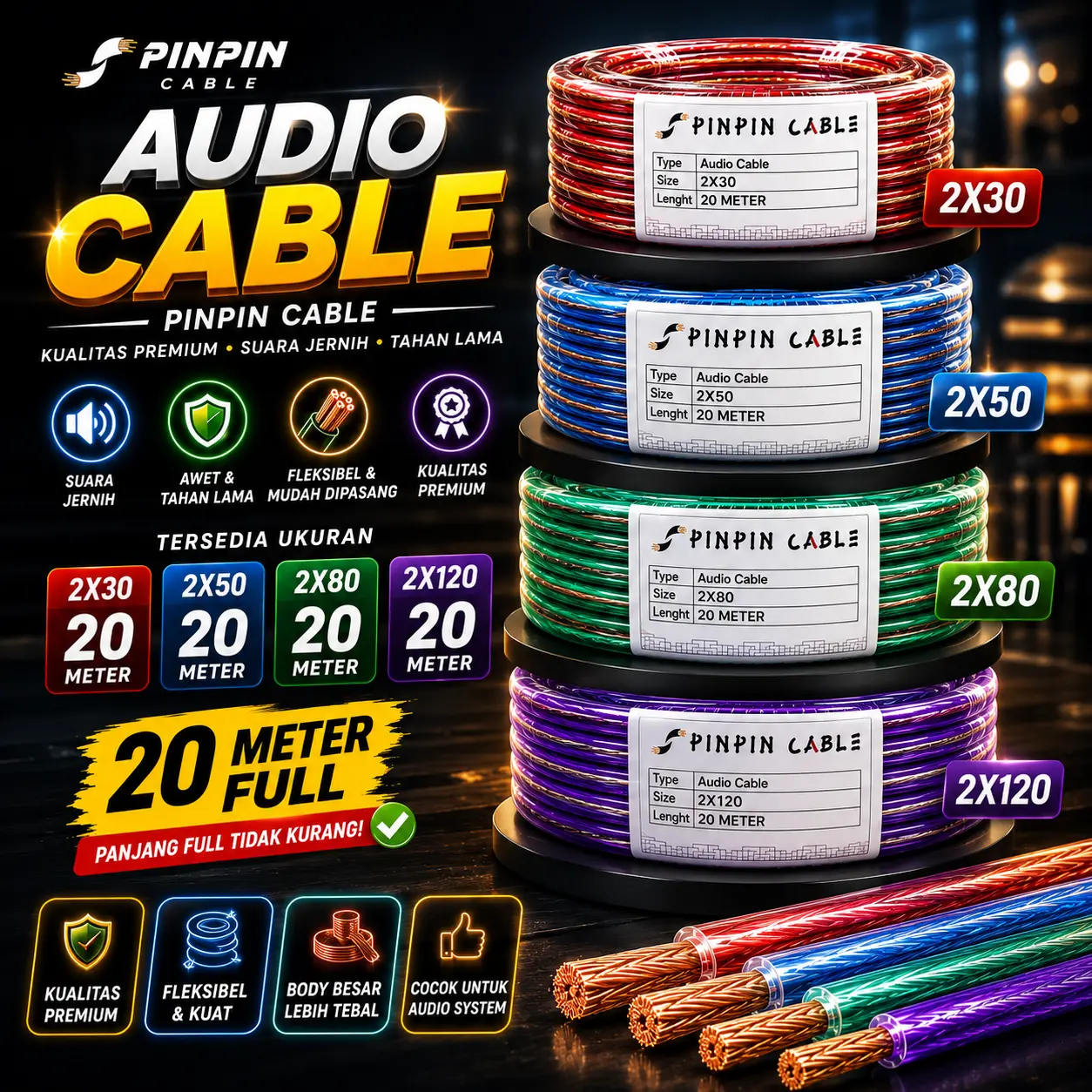 Kabel Listrik Transparan 2x30 2x50 2x80 2x120 20 Meter Full PINPIN CABLE - Kabel Audio Speaker 2x30 2x50 2x80 2x120 20 Meter