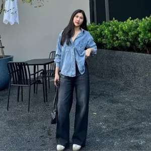 Celana Jeans Retro Jeans Wanita Model Kulot Retro Warna Biru Skena Hijau Lulu Baggy Denim Kaki Santai Panjang Vintage Loose Outfits Retro Baggy Jeans Chic Outfit Gombrong Wide Leg Jeans Clear Baggy Jeans Highwaist Outfit