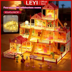 LEYI Mainan Princess Villa Castle Besar 61cm Rumah Rumahan Anak Perempuan Princess Kastil Dengan Lampu Hadiah LED