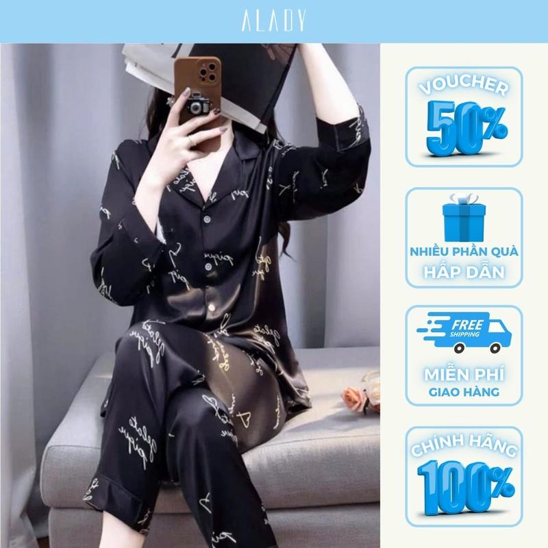 Đồ nữ Pijama ALADY lụa Latin cao cấp, màu đen sang trọng họa tiết chữ trái tim tay dài - TD0081 0