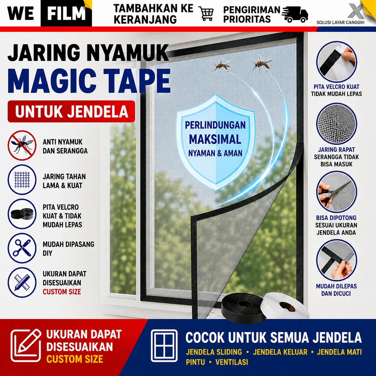 Jaring Nyamuk Jendela | Bisa Custom Ukuran Kasa Nyamuk Jendela | Anti Nyamuk & Serangga | Mudah Dipasang Tanpa Bor | DIY Mosquito Net
