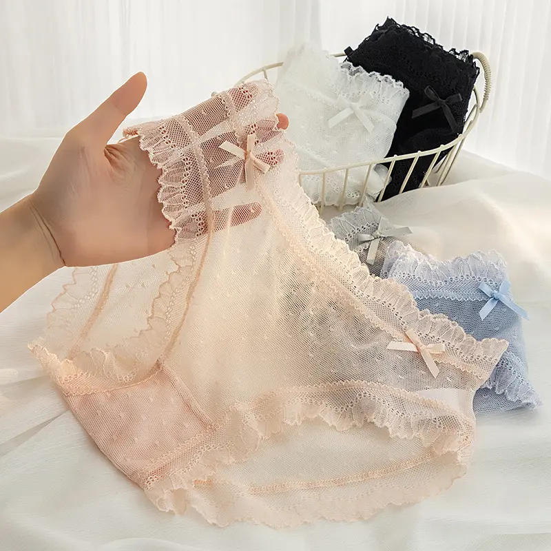 Sweet Girl Mesh Bow Transparent Sexy Women’s Underpants Low Waist Cute Ruffle Perspective Cotton Crotch Panties Thin Soft Seamless Briefs