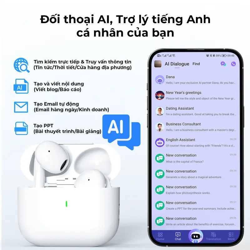 [GOOJODOQ] Tai nghe phiên dịch AI, Tai nghe Bluetooth không dây, Bluetooth 5.3, Khử tiếng ồn môi trường, Loa 13,2mm, Pin 250mAh, Điều khiển cảm ứng, Thời lượng pin dài 7