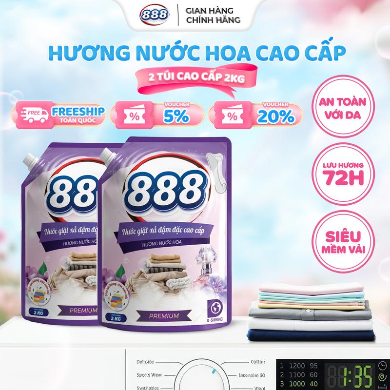 Combo 2 túi Nước giặt Xả Premium 888 Hương Nước Hoa 2Kg túi lưu hương 72 giờ ko hại da tay công nghệ châu âu bền màu áo quần PP chính hãng D-Shinning siêu mềm vải giặt được cửa trước và cửa trên