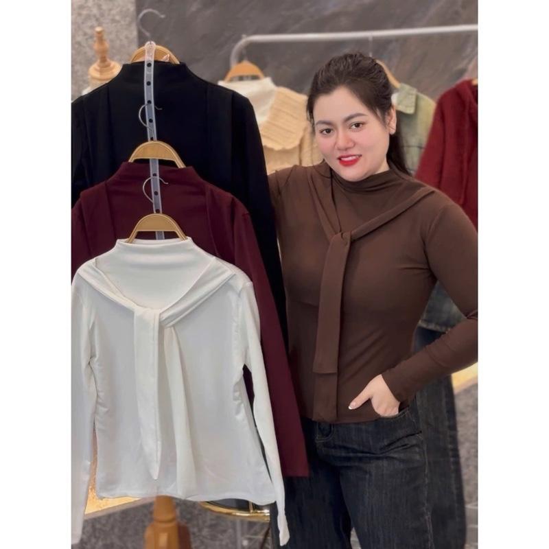  8042 BIGGSIZE Áo thun giữ nhiệt nữ dài tay lót mút tạo kiểu buộc khăn 