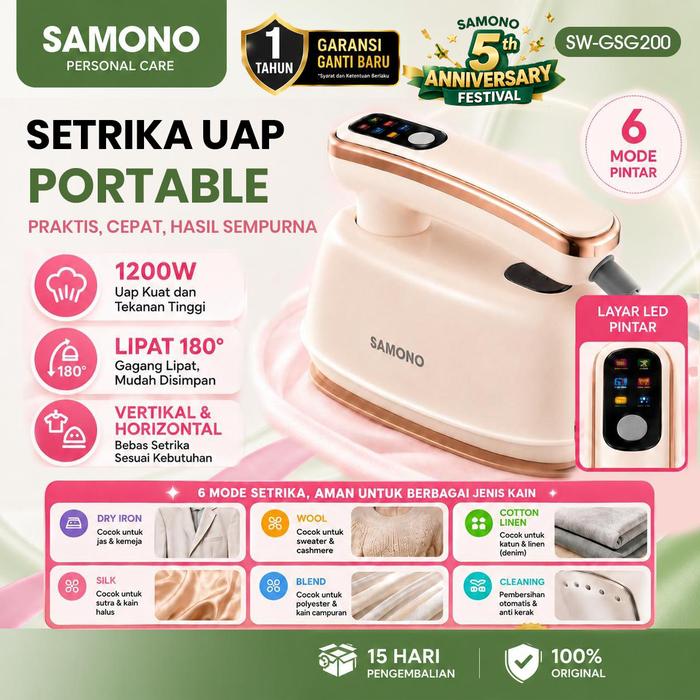 Gambar 【Promo 5th Anniv】 SAMONO SW-GSG200 Setrika Uap Portable Garment Steamer 1200W LED 6 Mode Setrika Gantung Setrika Biasa Gagang Lipat 200ml Pelat Keramik Anti Lengket Baju Kemeja Jas Hijab Traveling Garansi Resmi 1 Tahun dari SAMONO PERSONAL CARE Kab. Tangerang Tokopedia