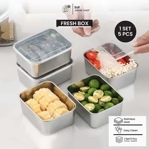 Kotak Makanan Stainless Steel Premium 1 Set 5 Pcs dengan Tutup Transparan Anti Karat & Mudah Dibersihkan