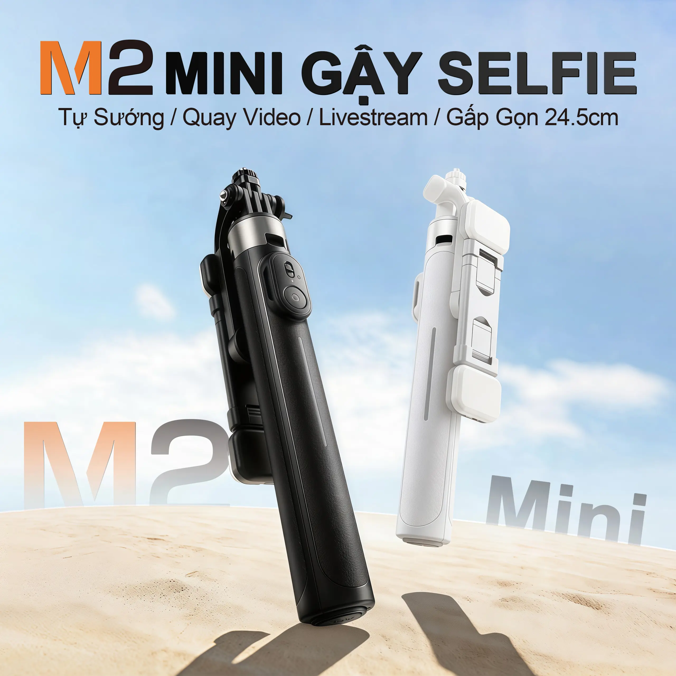 M2 MINI Gậy Chụp Ảnh Đa Năng – Gậy selfie kiêm chân tripod, 3 trong 1 bản cầm tay, Dài 1.3m có thể điều chỉnh, Xoay 360 độ, Điều khiển Bluetooth không dây, Cho iPhone và Android