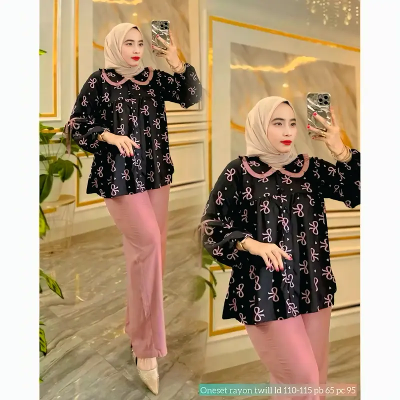 Setelan Elora Plisket Premium // Setelan Rayon Kombinasi Elora Motif Viral / Setelan Wanita 0