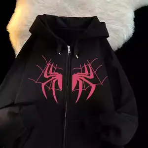 Spider Printing Casual Interest Loose Hoodies Jacket for Couple Unisex Fashion Street Trend Niche Design Longsleeve Tops Comfort Zip Up Clothes with Pink Spider Design Menswear Sweatshirts Man Crewneck Pullover