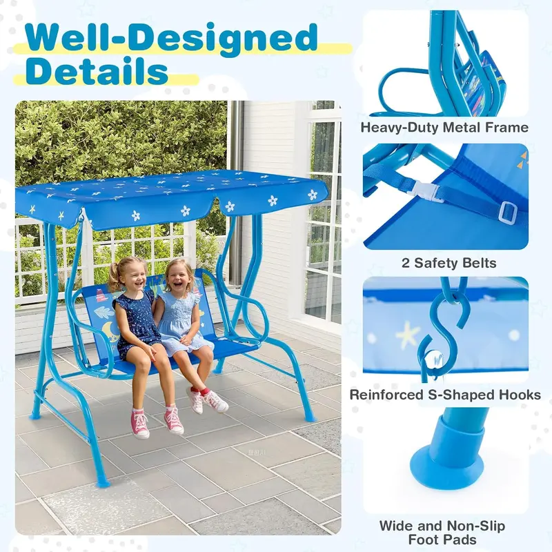GYMAX Kids Patio Swing Chair, 2 Seats Garden Swing Bench with Adjustable Canopy and Safety Belts, Porch Swinging Lounger Seater for Outdoor & Indoor 6