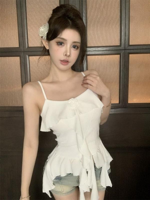 Áo Yếm Nhỏ Thiết Kế Xếp Nhún Hoa Ba Chiều Áo Ngắn Bất Đối Xứng Độc Đáo Mùa Hè Cho Nữ, Thích Hợp Mặc Ngoài Trời Top Women 2