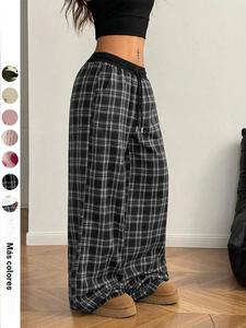 Pantalones casuales de pierna ancha a cuadros para mujer, cómodos para todas las estaciones, diseño elegante con bolsillos, versátiles estilo universitario para el hogar