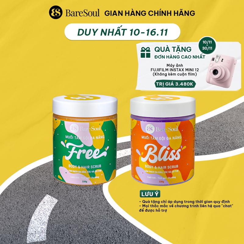  Combo Muối tắm hỗ trợ tẩy tế bào chết da đầu tóc và hỗ trợ cơ thể BareSoul BLISS Body & Hair Scrub 330g + BareSoul FREE Body & Hair Scrub 330G 