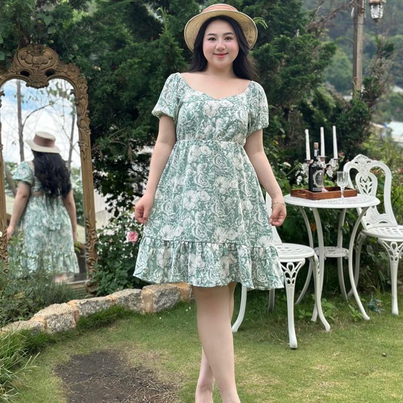 Chubby House Styles-Floral Dress- Đầm big size xòe hoạ tiết hoa cột dây Nữ Women peplum Kem Nhung 2