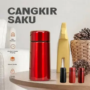 Cangkir Saku Merah 304 Stainless Vakum Ganda Mudah Dibuka untuk Back and Forth