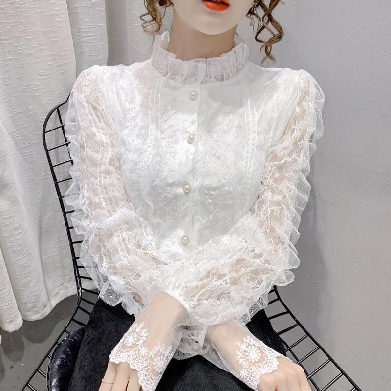 Áo Sơ Mi Ren Dài Tay Cho Nữ, Áo Sơ Mi Hàn Quốc Dáng Rộng Cộng Với Kích Thướ, Cổ Chân Đế Mỏng, Đơn Giản, Thời Trang, Nhỏ, Mùa Xuân 0