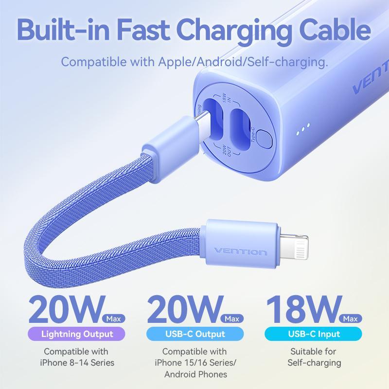 Sạc Dự Phòng, 5000mAh, USB-C + Light Ning, 20W, Màu Xám / Xanh Dương / Hồng / Vàng, Đèn Báo, Hiển Thị Loại 2