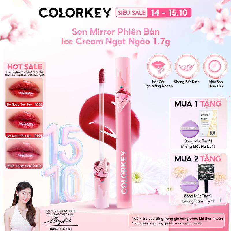 Son Gương Bóng COLORKEY Phiên Bản ICE CREAM Màu Sắc Ngọt Ngào, Lâu Trôi Cho Môi Xinh Tươi Tắn 1.7g
