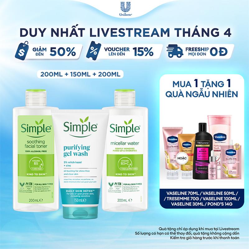 [FS] Combo 3 Skincare Simple Nước Tẩy Trang 200ml Sạch Sâu Ẩm Mịn + Sữa Rửa Mặt Kiềm Dầu Hỗ Trợ Ngừa Mụn 150ml + Nước Hoa Hồng Làm Dịu & Cân Bằng Da 200ml - Dành Cho Da Dầu Mụn [3]