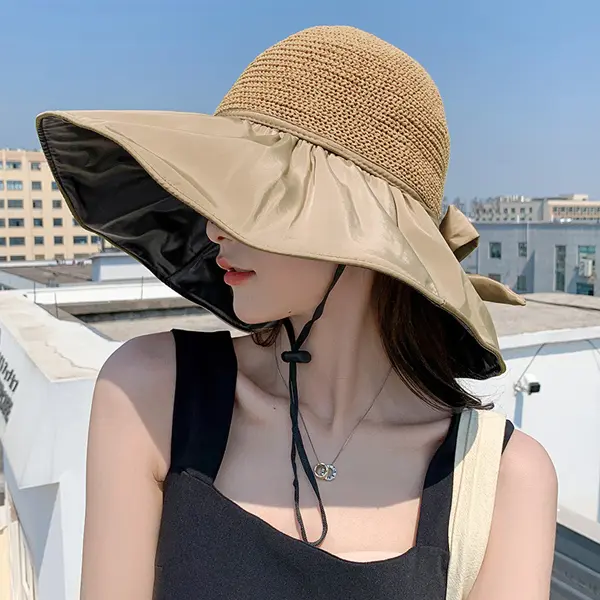 Topi Pantai Wanita Topi Anti UV Topi Nelayan Lebar Dilipat Gaya Korea Topi Pantai Visor Bucket Hat Kulit