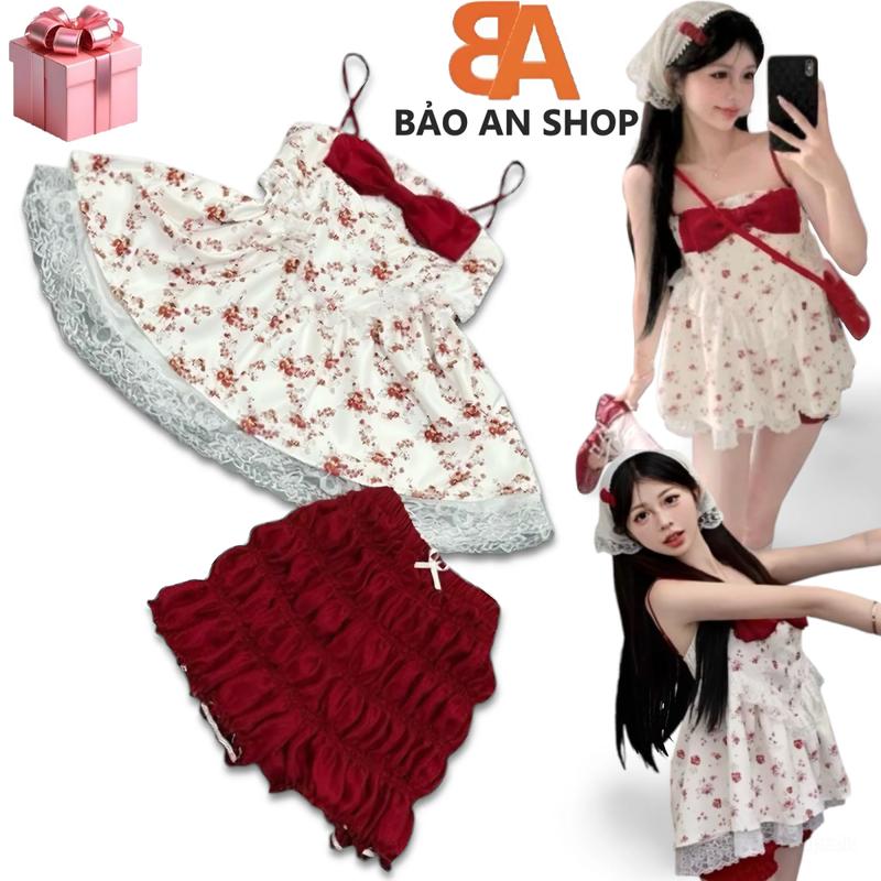    SB-173   Sét bộ nữ áo 2 dây nơ form rộng phối và quần đùi nhún ôm body lưng thun eo 58-75cm Size S M Top Women Voi 