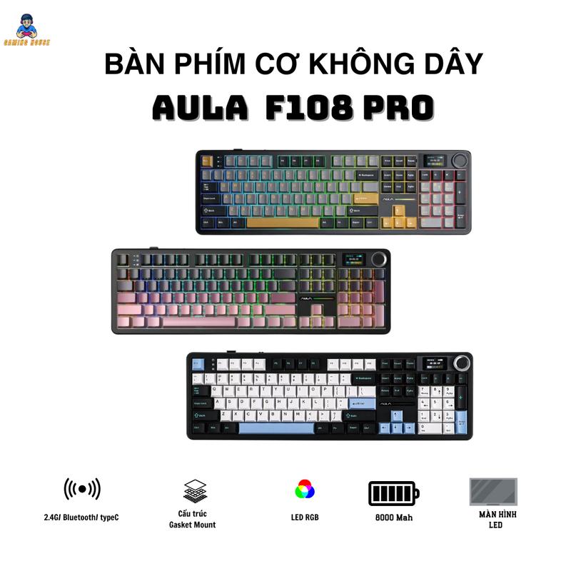 Bàn Phím Cơ Không Dây AULA F108 pro - 3 mode - Mạch Xuôi - Hỗ trợ hotswap 5 pin - LED RGB - Có App - Núm xoay- Pin 80pro