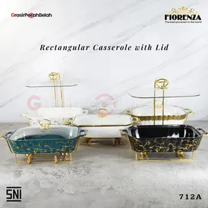 Fiorenza - Prasmanan Keramik Segi Set Wadah Saji & Basi Penghangat Makanan Kitchenware | Motif Marble Embos Lining Gold Rose Gold Mewah 712A