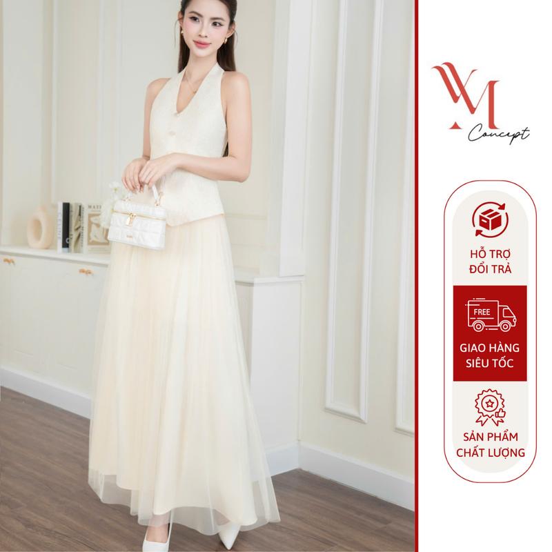  YM Concept Set Áo Cổ Yếm Ren Hoa Tôn Dáng + Chân Váy Lưới Xoè Nữ Tính Duyên Dáng D1427 