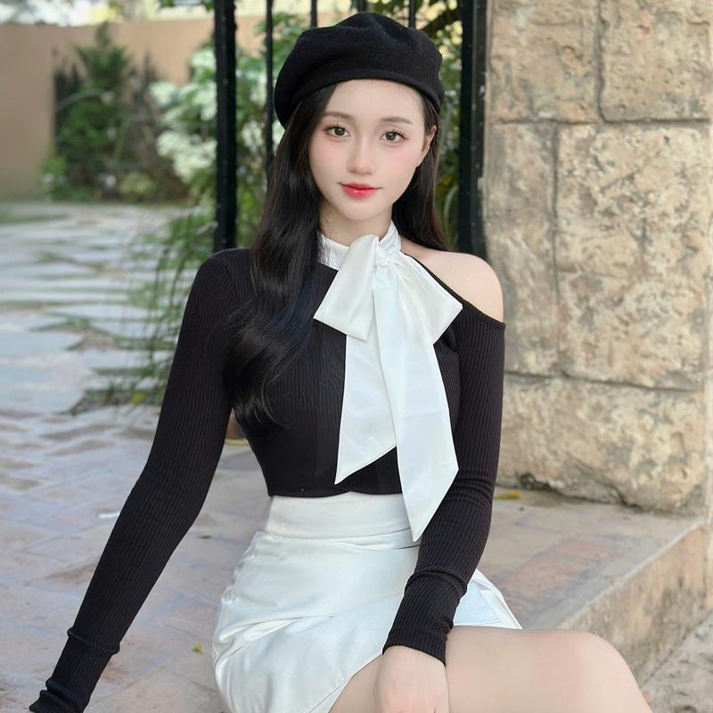 Áo len nữ pha cổ hở vai đính nơ style hàn quốc A2479 Kymie