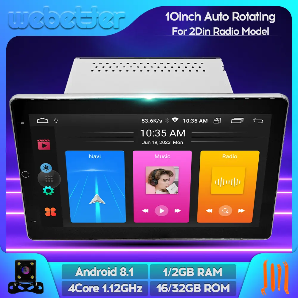 WeBetter TopNavi Android 10inch 4Core Full Touch Atuomatic Rotating Car Radio Audio Video Stereo Player For 2Din Radio Models With BT WiFi SWC MirrorLink Split Screen GPS Navigation