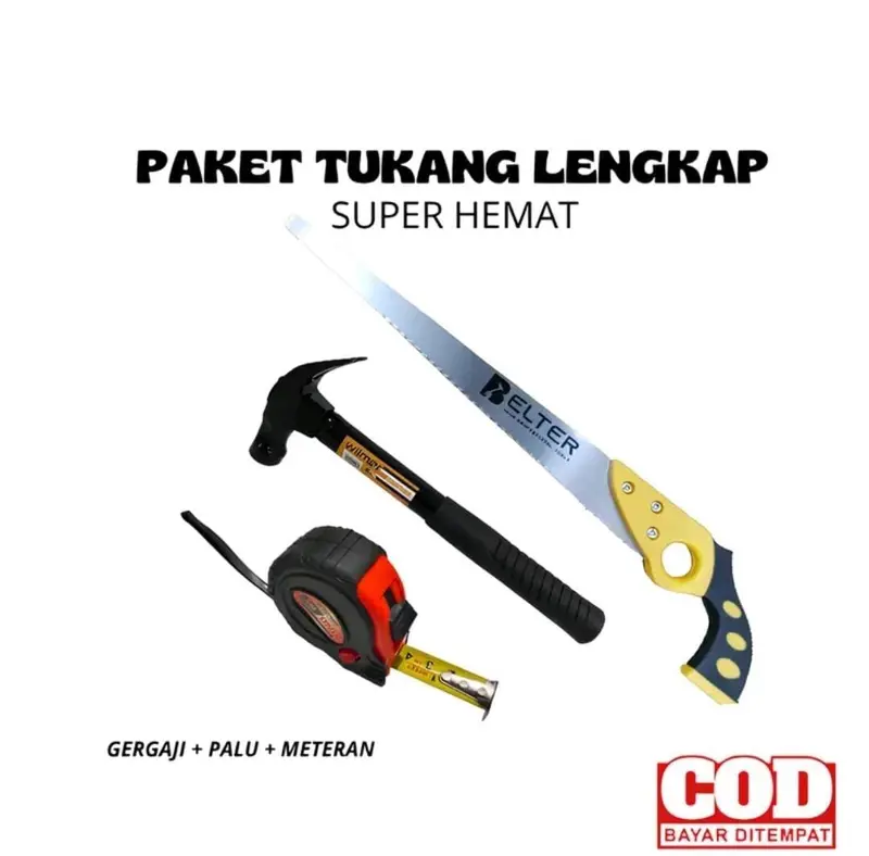 Paket Alat Tukang 3 item Gergaji Kayu Lancip 16inc Meteran 5 Meter dan Palu Gagang Besi 8oz 0