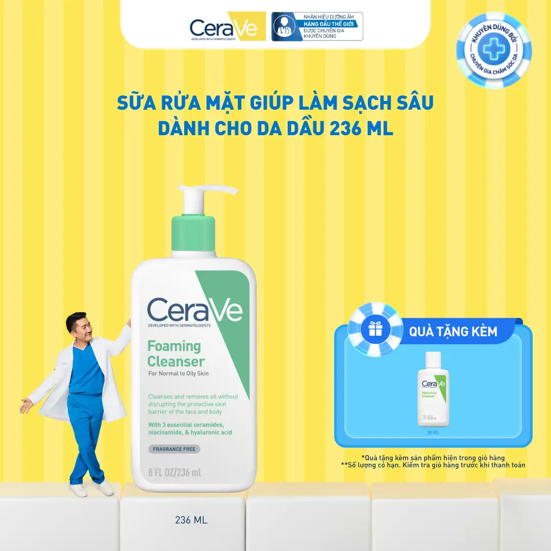Sữa rửa mặt giúp làm sạch sâu dành cho da dầu Cerave Foaming Facial Cleans 236ML, tạo bọt làm sạch sâu dịu nhẹ và cung cấp độ ẩm cho da. Chăm sóc da_Sữa rửa mặt_Skincare cho Nam và Nữ_Cleansing