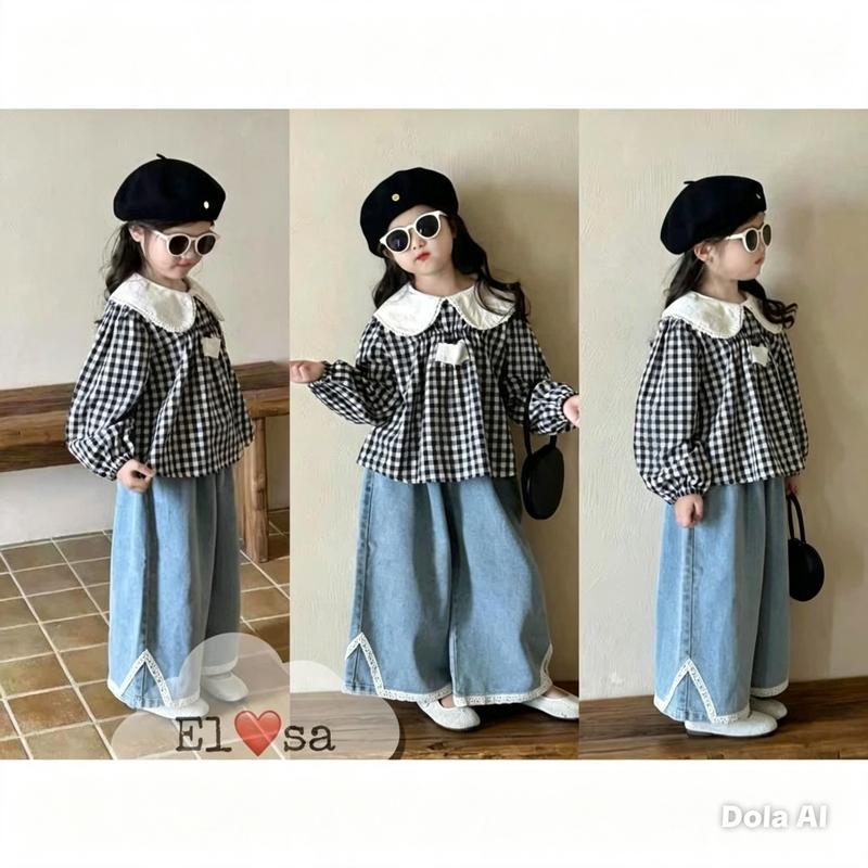 Quần áo bé gái- SET ÁO KẺ BABYDOLL DÀI TAY MIX QUẦN BÒ XUÔNG Siêu Xinh Cho Bé…
